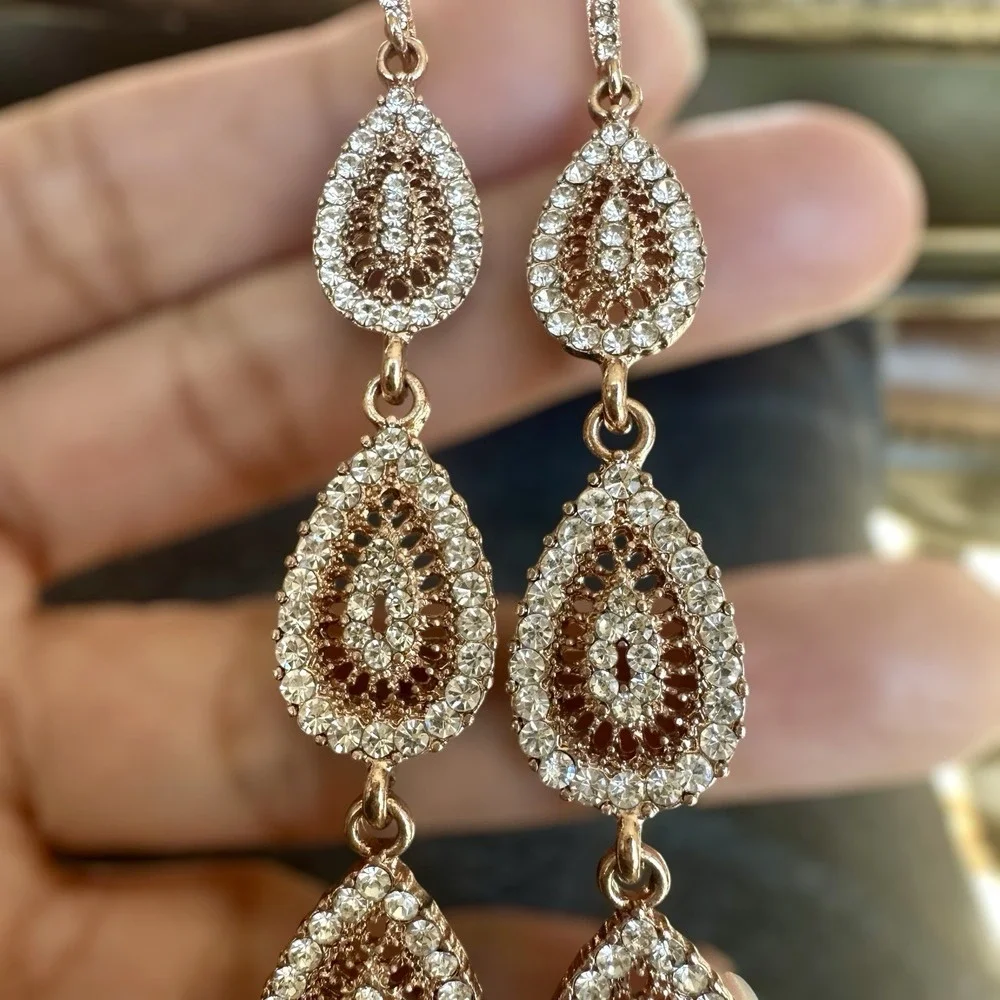 Vintage Teardrop Dangle‎ Drop Earrings 3.75 Inch Pave Clear Rhinestone Gold Tone